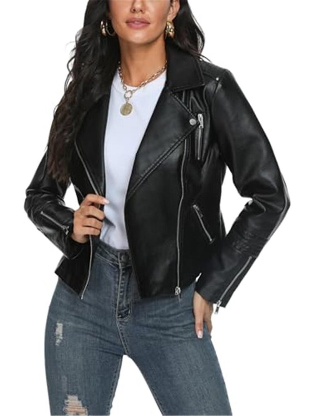 Womens Faux Leather Jacket Motorcycle Biker Moto Zip Up Casual Fashion Coat